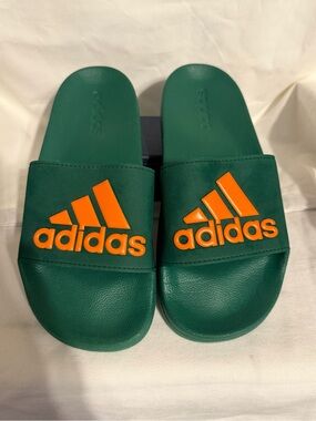 adidas Green Slide Sandals with Orange Logo